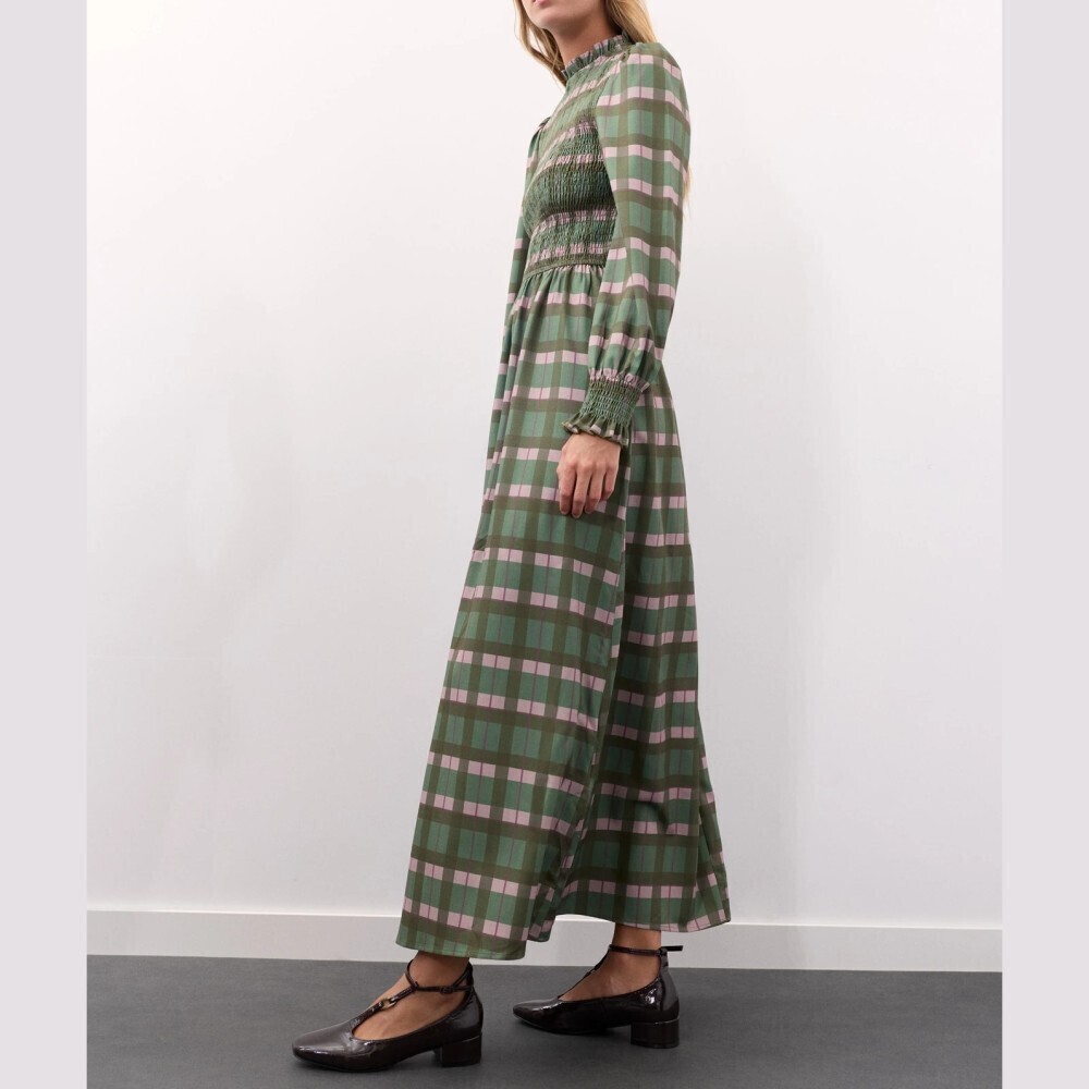 Green Plaid Smocked Yoke Long Sleeve Ruffle Neck Maxi Dress